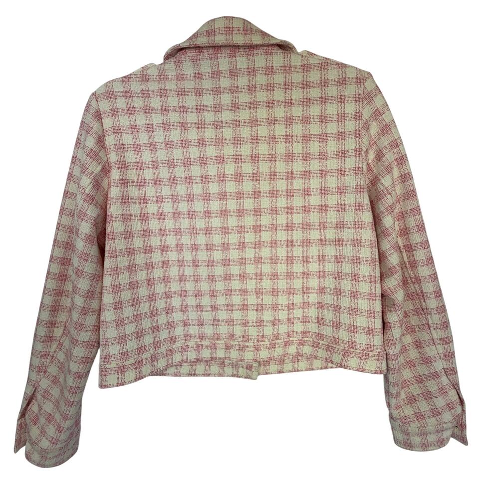 ZARA Plaid Check Tweed Cropped Jacket Women Size M Pink Textured Shacket - Picture 4 of 6